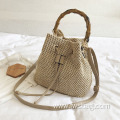 Casual handwoven bucket bag drawstring shoulder bag tote hanbag purse with bamboo handle